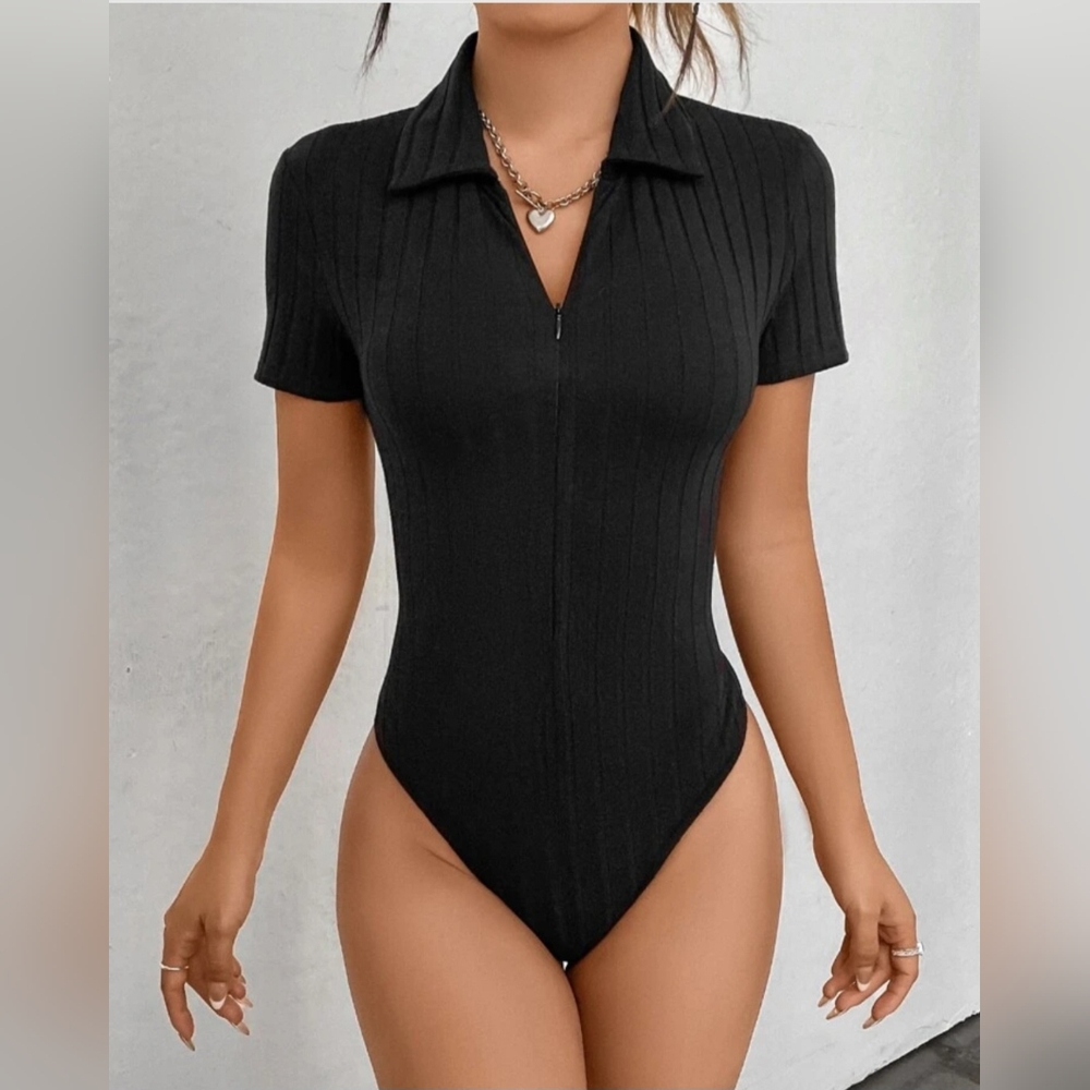 SHEIN Black Ribbed Zip Up Bodysuit, Size Medium